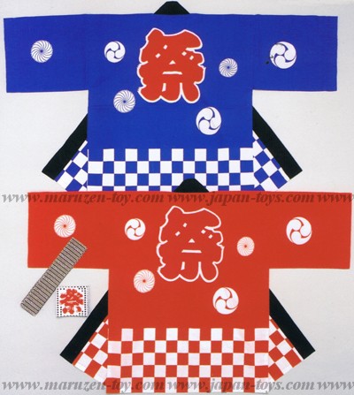 （日本製）市松祭袢天/はっぴ（赤）2-3歳〜100cm（帯・手拭付）